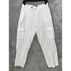 Rachel Roy Linen Cargo Crop Pants Size M White Resort Safari Neutral Minimalist